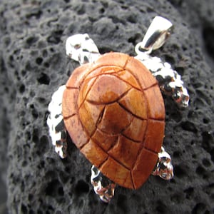 Sea Turtle Necklace Pendant Medium | Sterling Silver | Hawaiian Koa Wood | Ocean | Beach | Gift | Jewelry | Handmade | Unique