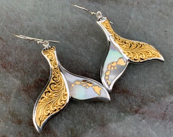 Hawaiian Islands Whale Tail Earrings. Kauai, Oahu, Maui, Big Island of Hawaii. Gold, Silver, Mother of Pearl.