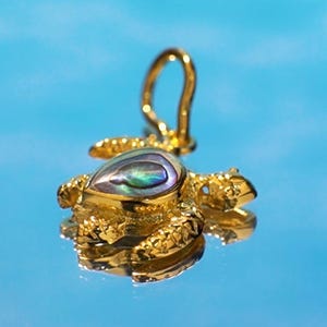 Op de afbeelding: Een goudkleurige schildpendant met een iriserende abalone schelpinleg. De hanger heeft een getextureerd oppervlak en een lus voor een ketting. De achtergrond is een blauwe gradiënt.