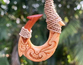 Maori Matau, Hawaiian Makau. Polynesian Tribal Fishing Maui Hook. Carved Double Side from Wood and Bone. Adjustable Cord.