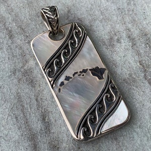 Hawaiian Islands Tribal Design Pendant Necklace. Sterling Silver, Mother of Pearl.