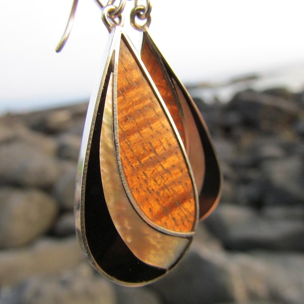 Teardrop Earrings | Ouster Shell | Hawaiian Koa Wood | Sterling Silver | Gift | Jewelry | Handmade | Unique