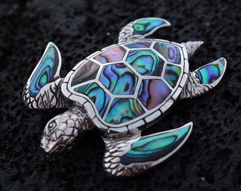 Green Sea Turtle Necklace Pendant. Hawaiian Honu. Sterling Silver, Abalone Shell.