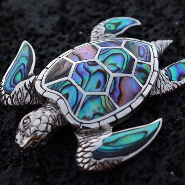 Grüne Meeresschildkröte Halsketten-Anhänger. Hawaiianische Honu. Sterling Silber, Abalone Muschel.