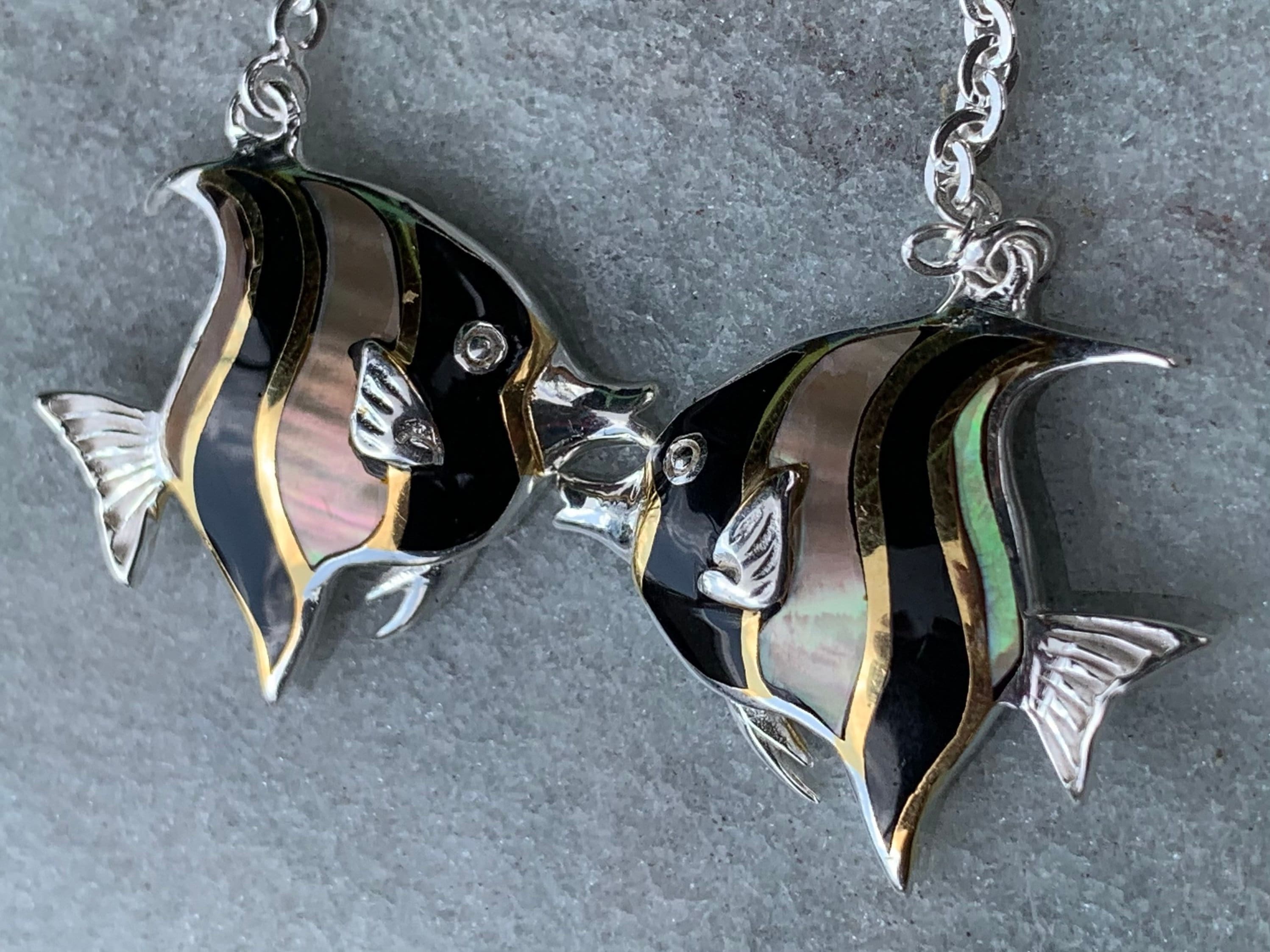 Fish Moorish Idol Hawaiian Tropical Earrings. Sterling Silver, Mother of Pearl.