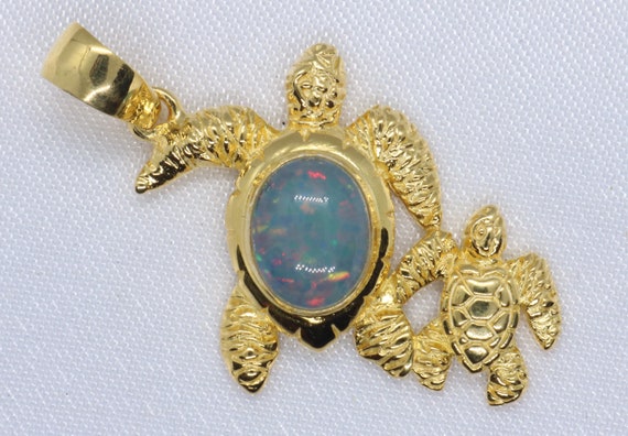 Opal Turtle Hawaiian Honu Mom and Baby 18k Gold Vermeil Necklace
