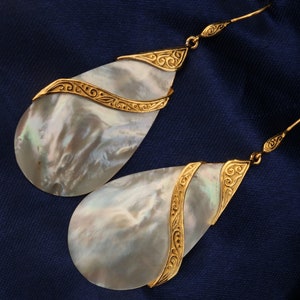 18K Gold Vermeil Mother of Pearl Teardrop Earrings Double Tribal Design. Sterling Silver.