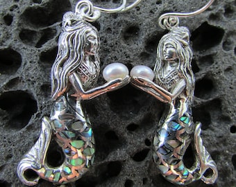 Mermaid Earrings | Abalone Paua Shell | Sterling Silver | Pearl