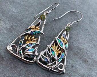 Bird of Paradise Flower Peridot Silver Gold Shell Earrings