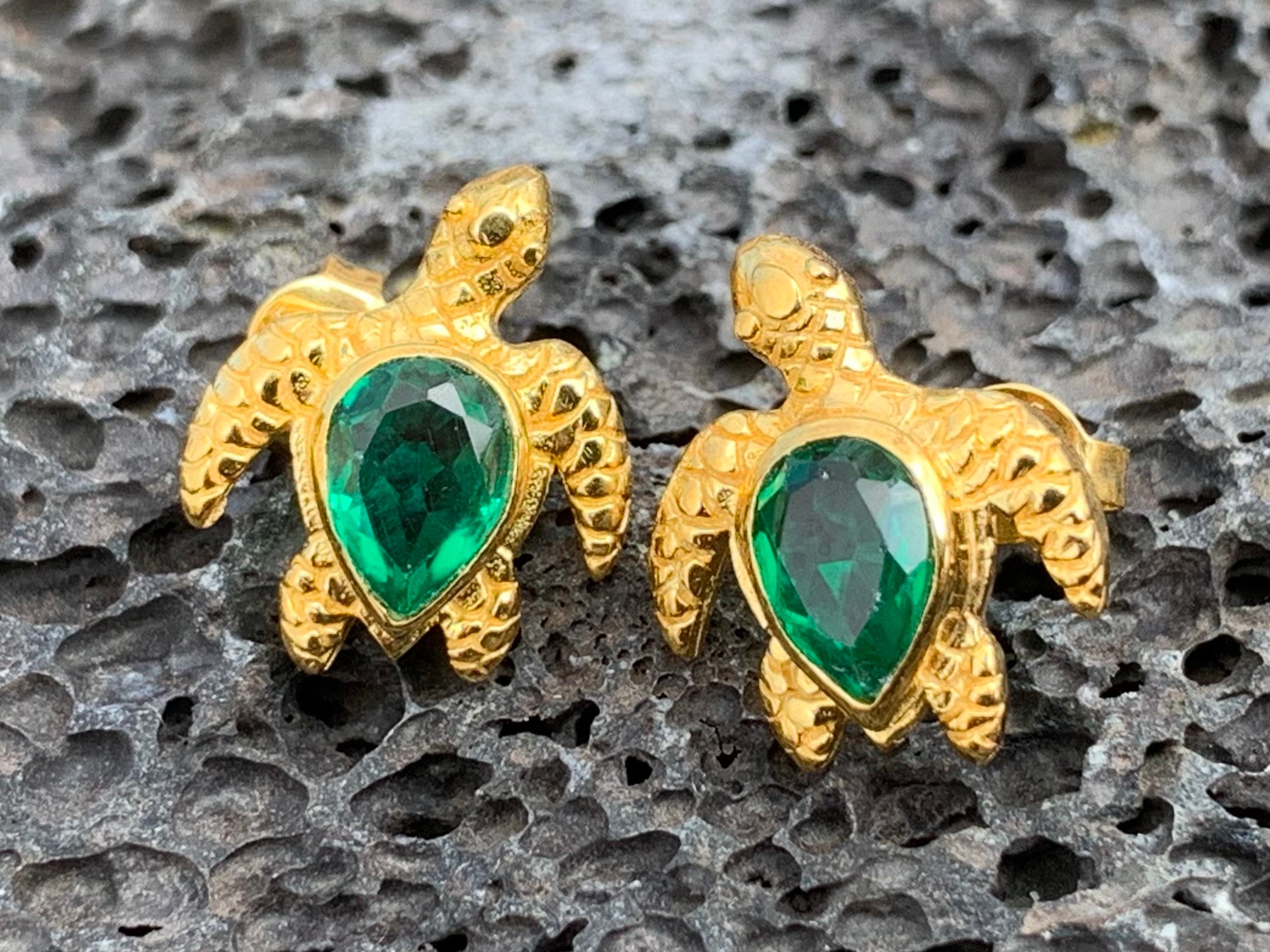 Emerald Turtle Stud Earrings. Gold Vermeil. Etsy