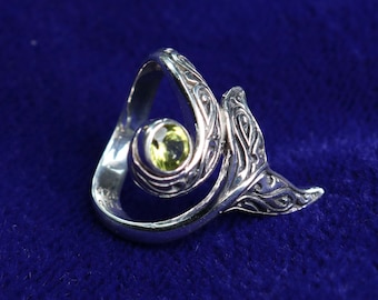 Whale Tail Ring Tribal Polynesian Tattoo Design. Peridot. Sterling Silver.