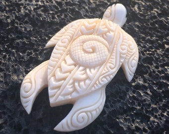 Polynesian Spiral Design Bone Carved Turtle (Hawaiian Honu) Necklace. Adjustable length cord.