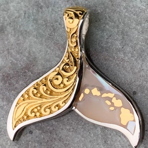 Hawaiian Islands Whale Tail Pendant Necklace. Kauai, Oahu, Maui, Big Island of Hawaii. Gold, Silver, Mother of Pearl.