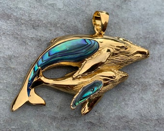 Mother and Baby Humpback Whale Necklace Pendant. 18k Gold Vermeil, Abalone Paua Shell.