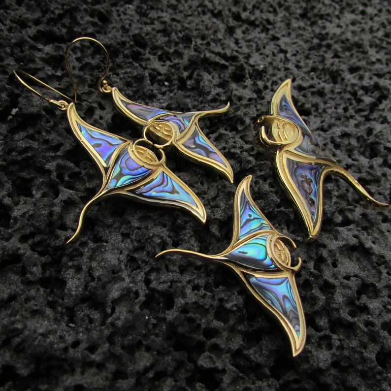 18K Gold Vermeil Manta Ray Stingray Earrings Handmade Abalone Paua Shell Sterling Silver image 9