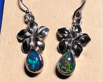Opal Plumeria Flower Silver Earrings