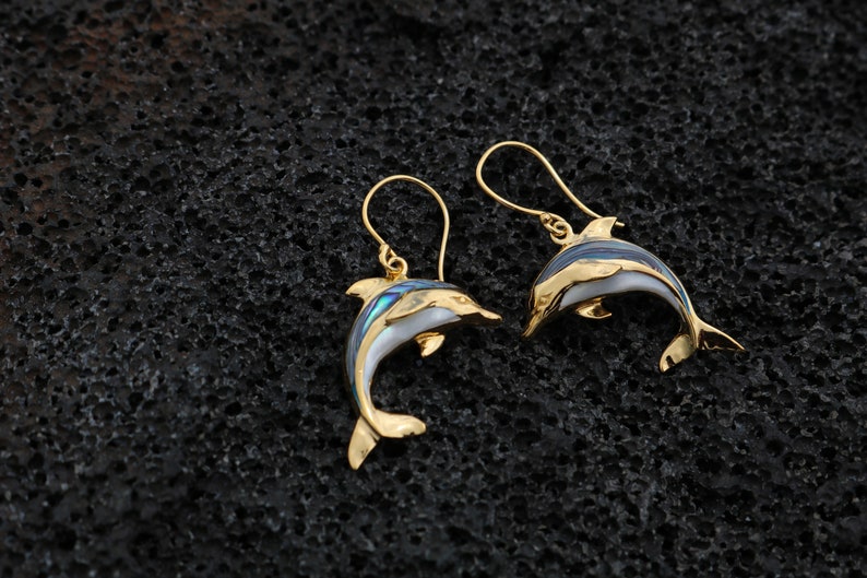 18K Gold Vermeil Aumakua Dolphins Earrings. Abalone Paua Shell, Mother of Pearl, 18K Gold, Sterling Silver. image 2