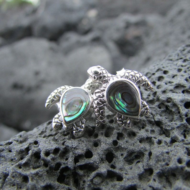 Ocean Unique Sea Turtle Stud Earrings Beach Sterling Silver Abalone Paua Shell Gift Jewelry Handmade