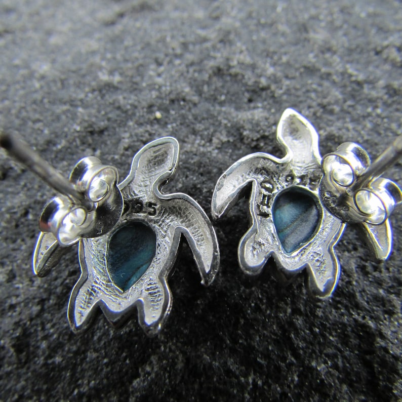 Ocean Unique Sea Turtle Stud Earrings Beach Sterling Silver Abalone Paua Shell Gift Jewelry Handmade