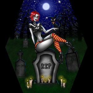 May include: Digital illustration of a woman with red hair and pale skin, sitting on a tombstone with the letters "RIP". She is wearing a black top, red and yellow striped stockings, and black boots. A black cat sits beside her. The background shows a graveyard under a starry night sky.