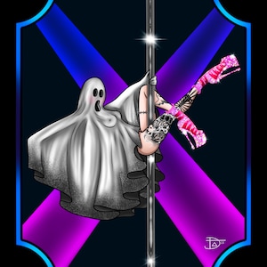May include: A white ghost figure wearing pink and sparkly high heels is wrapped around a silver pole. The background is a dark blue with purple and blue diagonal stripes.