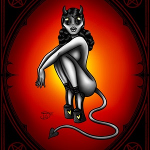 May include: A black and white illustration of a female demon with horns, a tail, and large eyes. She is wearing black high heels with yellow hearts. The background is a red gradient with a black frame.