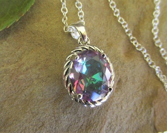 Mystic topaz pendant necklace mystic topaz necklace sterling silver chain necklace oval mystic topaz jewelry November birthstone gifts.