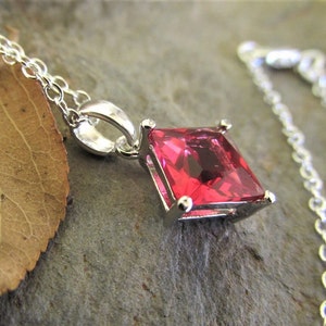 Red ruby pendant necklace sterling silver square cut ruby pendant July birthstone lab created ruby jewelry gifts.