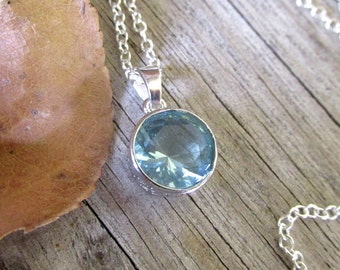 Aquamarine pendant necklace aquamarine necklace round aquamarine minimalist sterling silver necklace 925 March birthstone jewelry gifts.