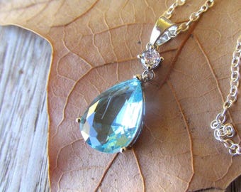 Aquamarine pendant necklace silver teardrop pear cut blue created aquamarine pendant March birthstone bridal jewelry gifts.