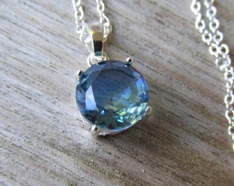 Blue green tourmaline pendant necklace blue round cut tourmaline necklace sterling silver chain necklace October birthstone jewelry gifts