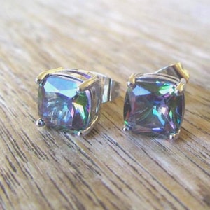Mystic topaz stud earrings mystic topaz studs sterling silver earrings 6mm square cut mystic topaz November birthstone jewelry gifts.