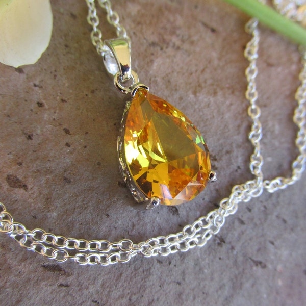 Citrine pendant necklace handmade jewelry gift for her 4ct teardrop pear shaped citrine sterling silver pendant necklace November gift.