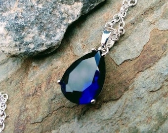 Sapphire pendant necklace blue teardrop sapphire necklace sterling silver chain September birthstone pendant necklace jewelry gifts.