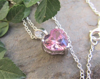 Kunzite pendant necklace heart shaped kunzite pendant sterling silver chain necklace 3ct kunzite necklace jewelry 925 February birthstone.