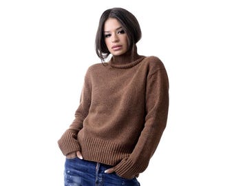 Turtle Neck Knitted Sweater - Cognac