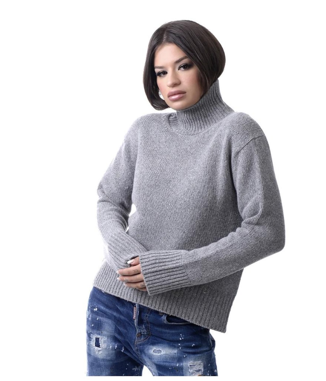 Grey Color Block Turtle Neck Sweater