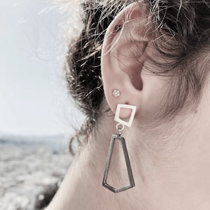 Architectural and contemporary mismatched design handmade silver and black rodium earrings