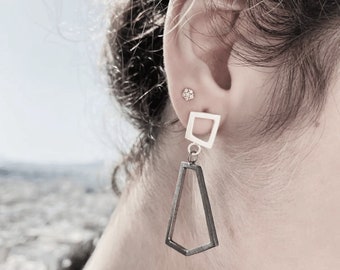 Architect and contemporary mismatched design handmade silver and black rodium earrings