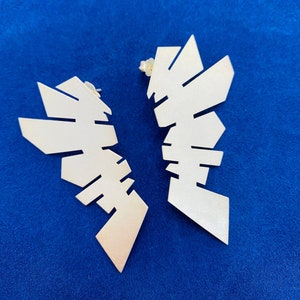 Modern statement long silver stud earrings in architectural design image 9