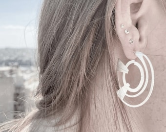 Abstract and geometric hoop silver earrings