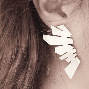 Modern statement long silver stud earrings in architectural design image 3