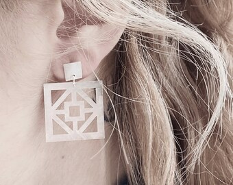 Art Deco geometric and architectural statement handmade silver earrings