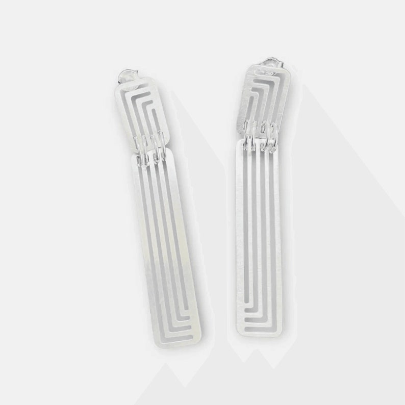Modern long earrings silver handmade minimal and architectural geometric design Silver