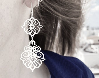 Artistic long chandelier silver earrings in Art Nouveau style