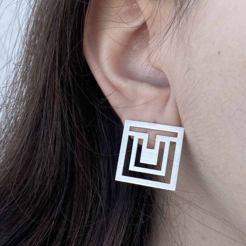 Art deco geometric modern minimal handmade silver stud earrings image 2