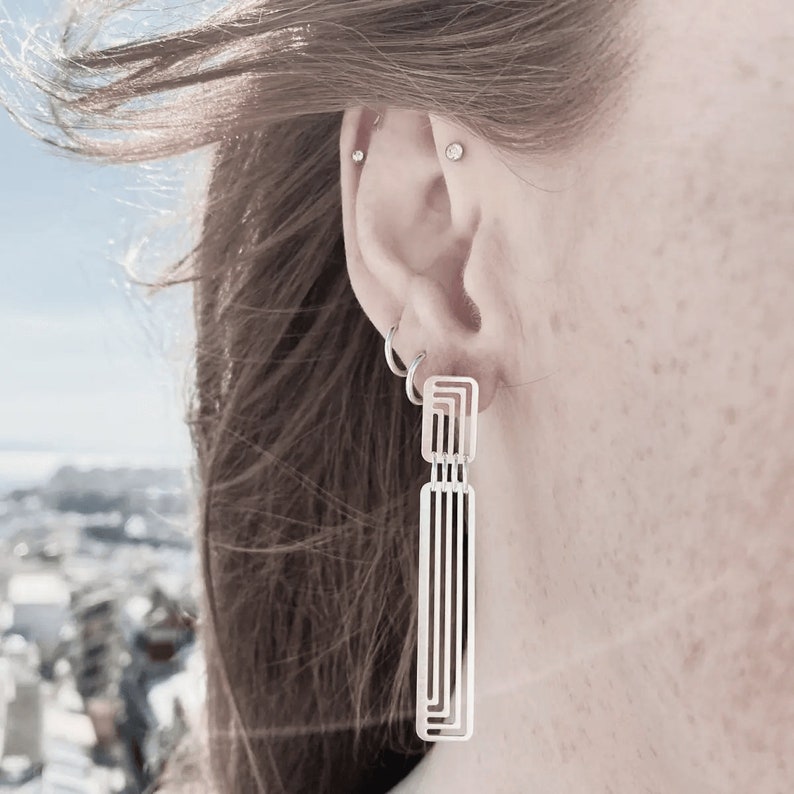 Modern long earrings silver handmade minimal and architectural geometric design image 2
