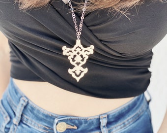 Long handmade silver necklace with statement pendant in art nouveau design