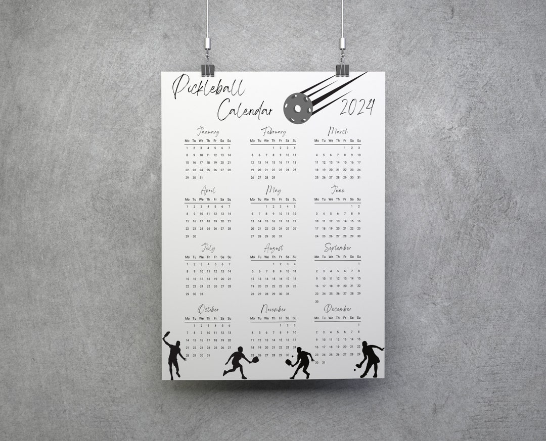 Pickleball Monthly Calendar 2024 Minimalist Blackwhite Calendar Poster