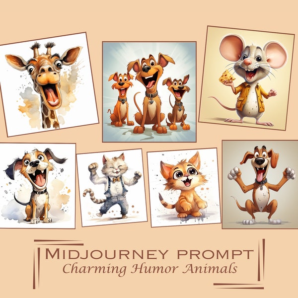 Midjourney Prompts Animal Clipart Humor Comical Portrait Funny Cute Anime Cartoon Art printables